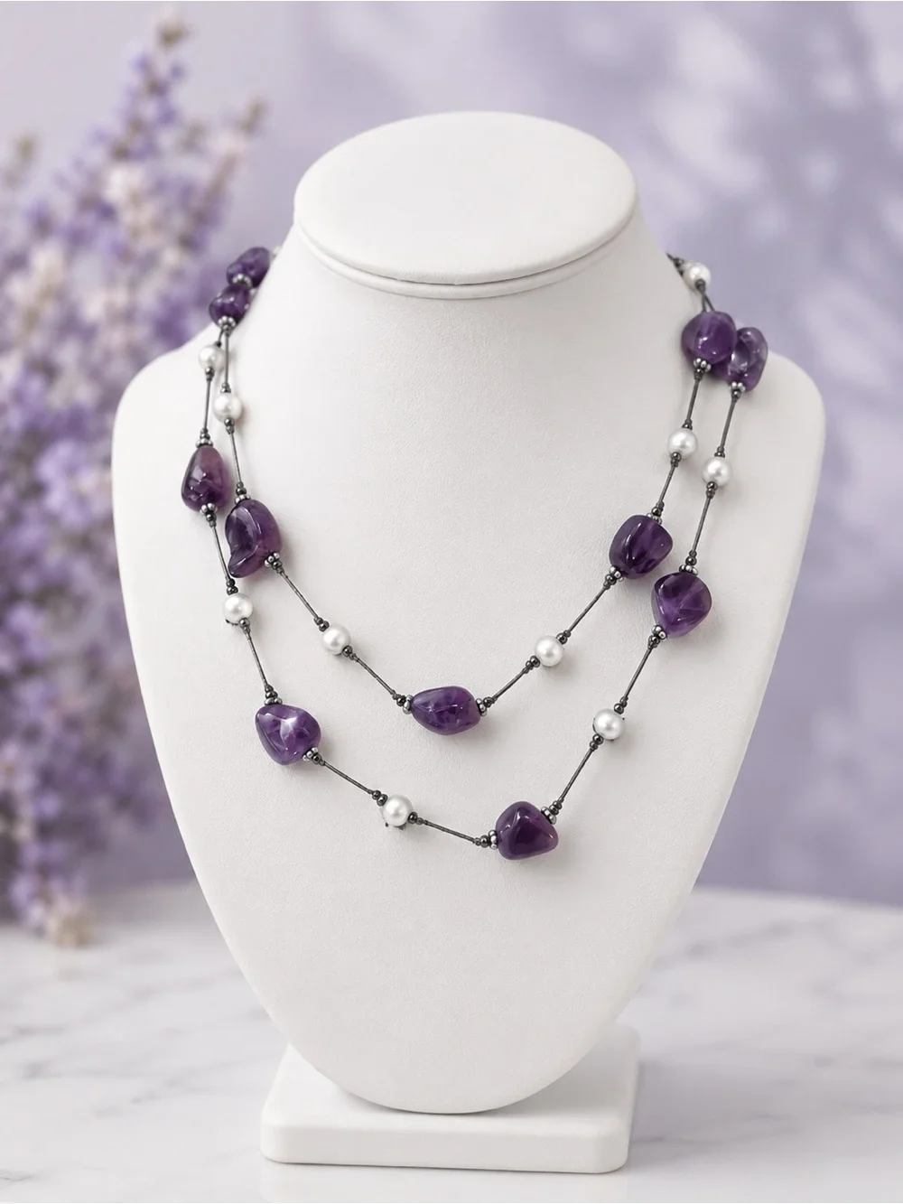 Purple Amethyst & Pearl Long Hand Knotted Strand Necklace